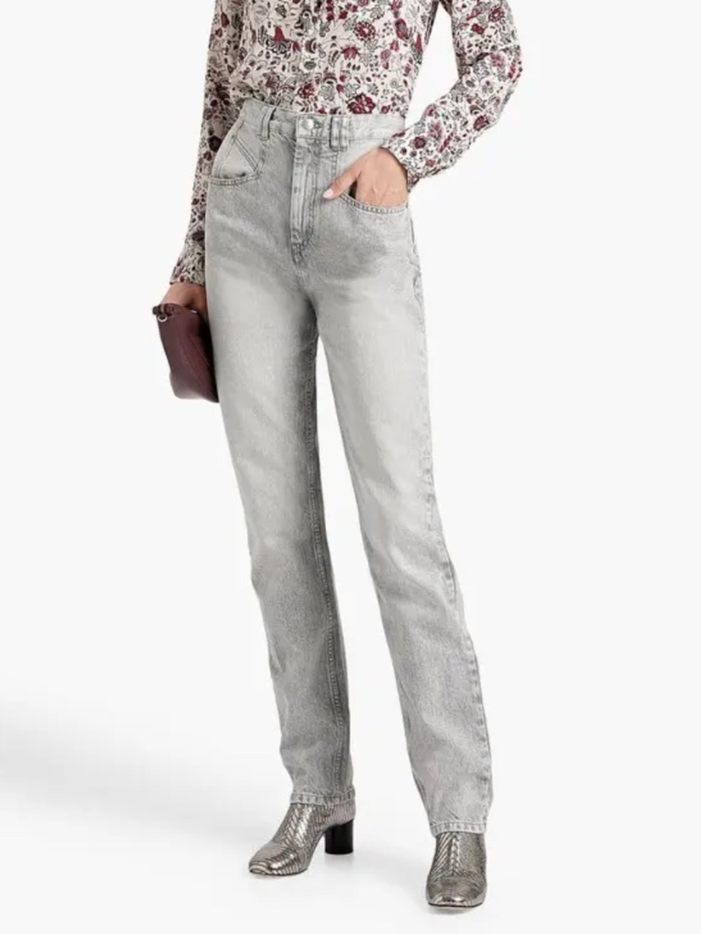 🩶👖Isabel Marant Étoile Grey Stone Wash High Rise Straight Jeans 34